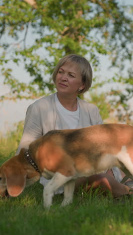 mujer sentada en un campo de hierba con su perro olfateando el suelo a su lado, mirando pensativo en la distancia, rodeada de exuberante vegetación y árboles bajo la cálida luz del sol