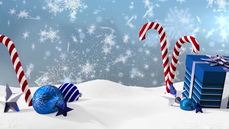 Animation-of-snow-falling-over-christmas-decorations-and-winter-landscape