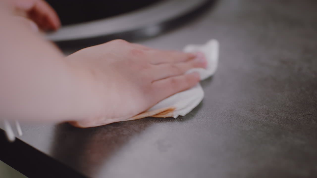 Close up of person hand pressing paper towel to wipe countertop surface with care, showing cleaning activity, neatness, routine hygiene, indoor maintenance
