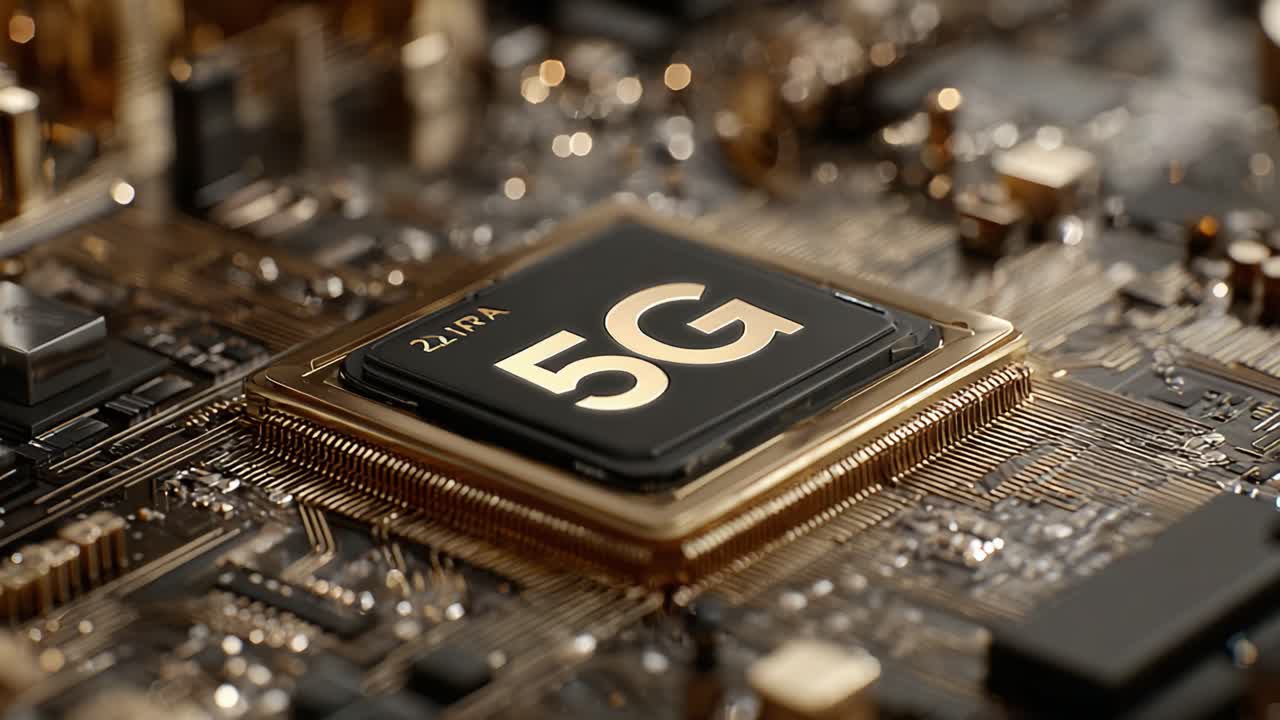 Primo piano dettagliato di un processore 5G ad alte prestazioni su un circuito stampato, che mostra componenti tecnologici avanzati ed elementi di design sofisticati