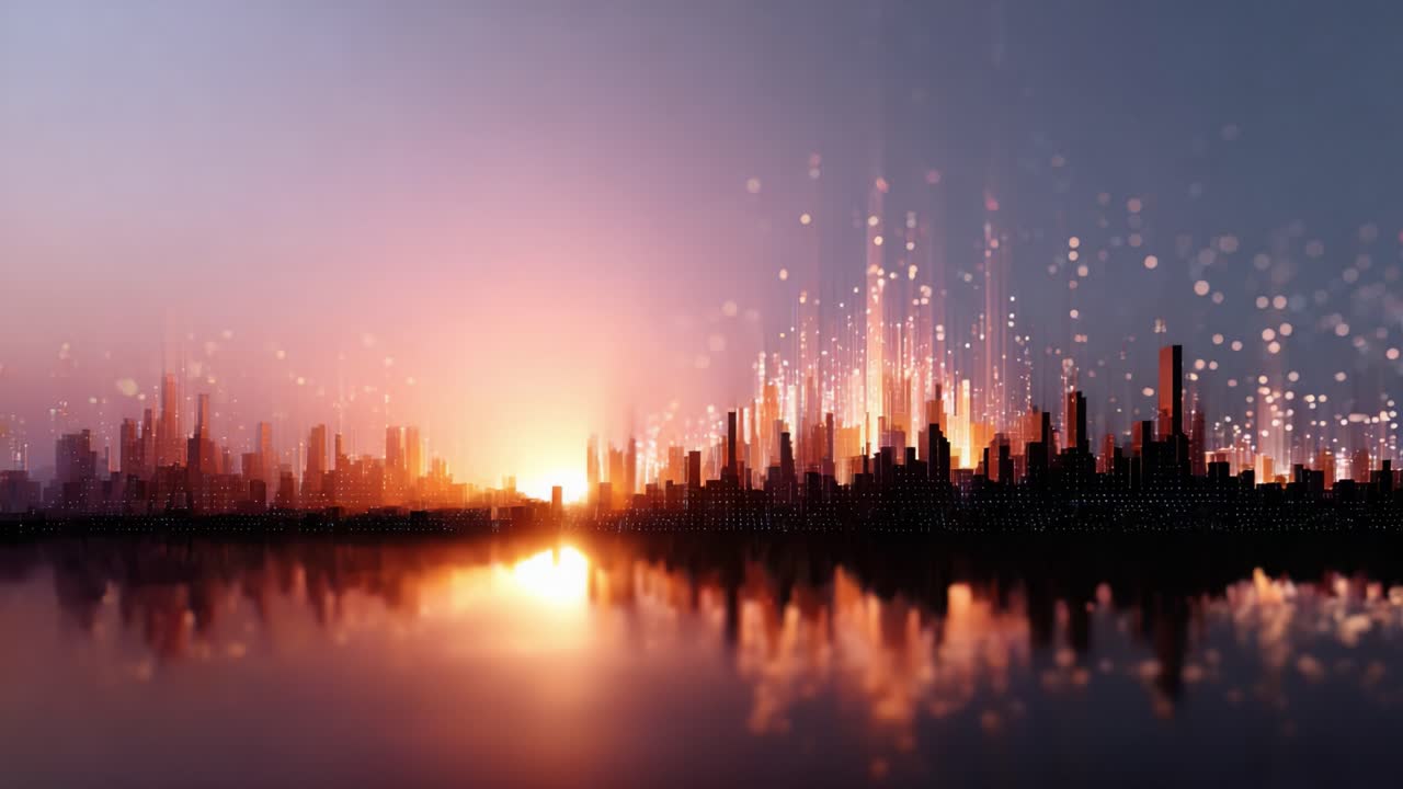 Fascinerende silhuett av en by ved solnedgang med refleksjoner og blinkende lys som skaper en levende atmosfære, som fanger essensen av urban skjønnhet og ro