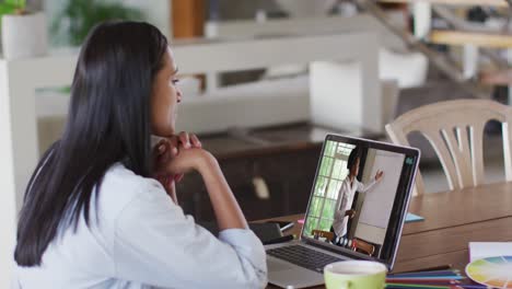 Mujer-Afroamericana-Teniendo-Una-Videollamada-Con-Una-Colega-En-Una-Computadora-Portátil-En-Casa