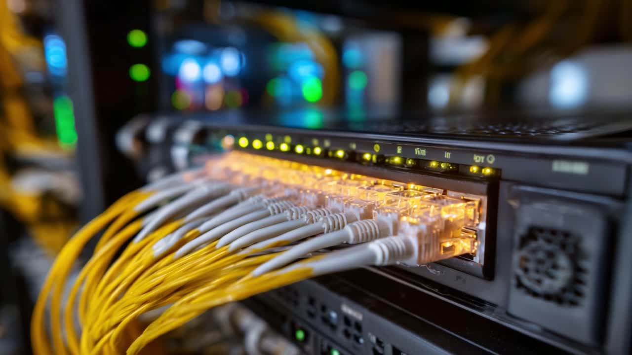 Høyteknologisk nettverkssvitsj med flere Ethernet-kabler som lyser i et datasentermiljø, og viser tilkoblingsmuligheter og moderne teknologiinfrastruktur