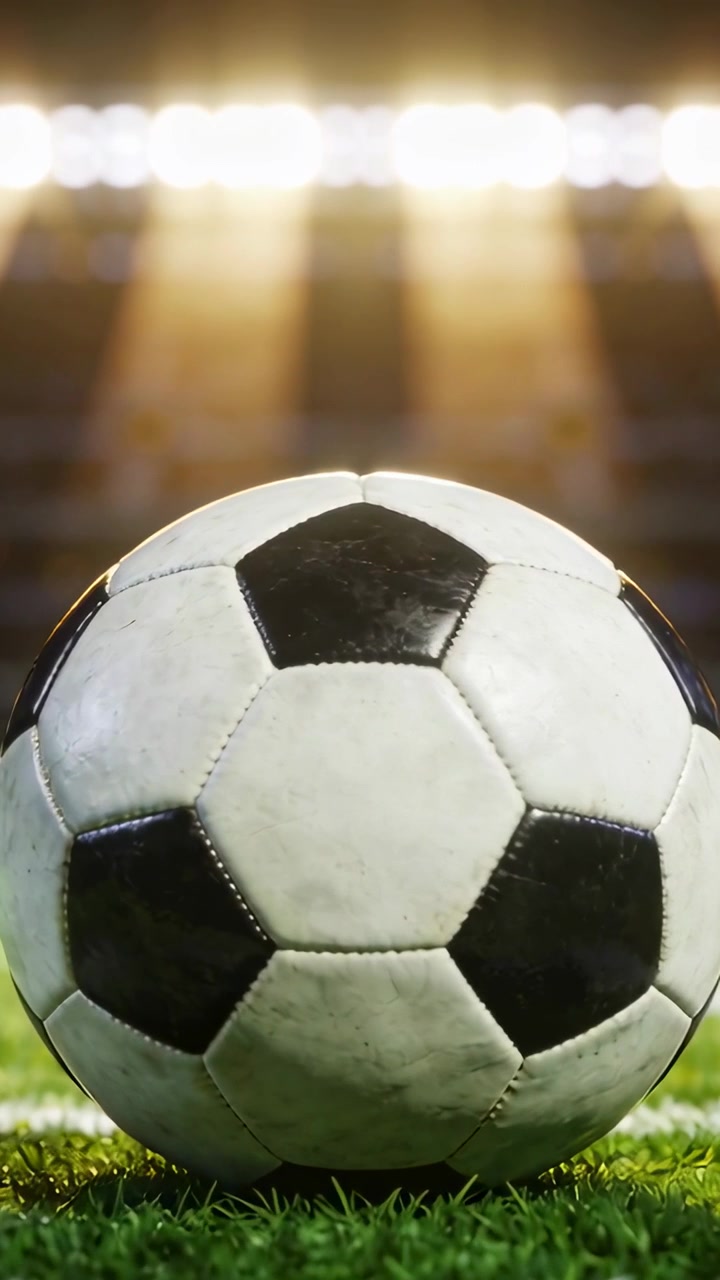 Dikey video: Beyaz çizginin yanındaki çim sahada futbol topunu ve stadyum ışıklarını gösteren geri çekilen kamera.