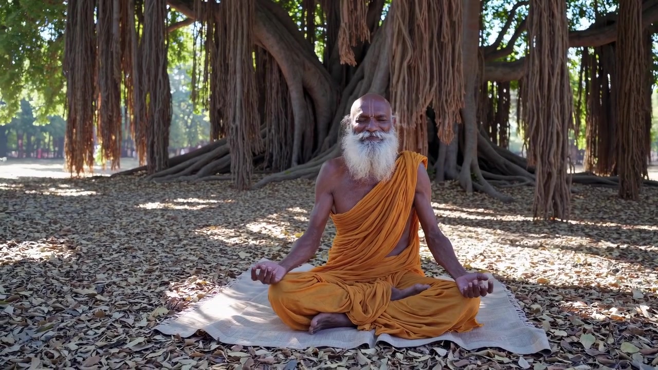 Banyan ağacının altında meditasyon yapan Hint Sadhu.