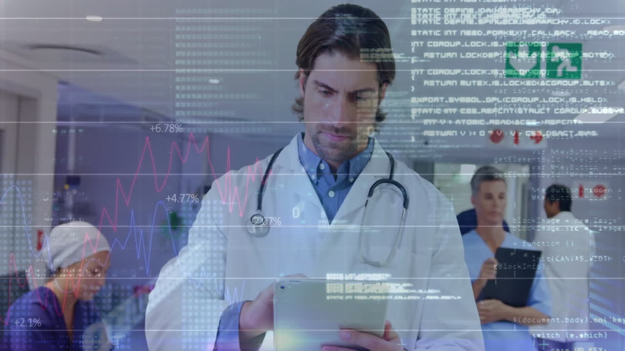 In hospital, doctor using tablet with medical animation and data overlay