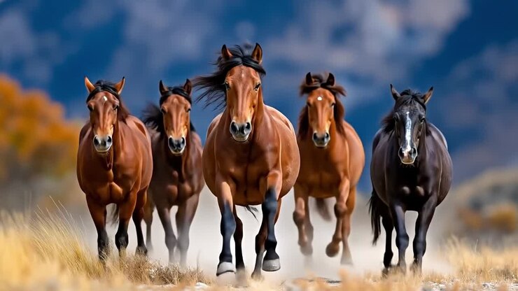 Un gruppo di cavalli che corrono in un campo di erba secca