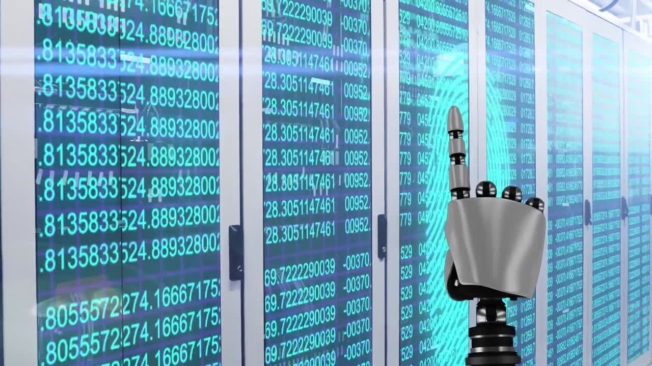 Robotic finger scanning over biometric fingerprint scanner against computer server room