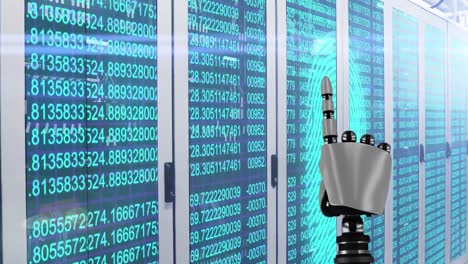 escaneo robótico de dedos sobre escáner biométrico de huellas dactilares contra la sala de servidores de computadoras