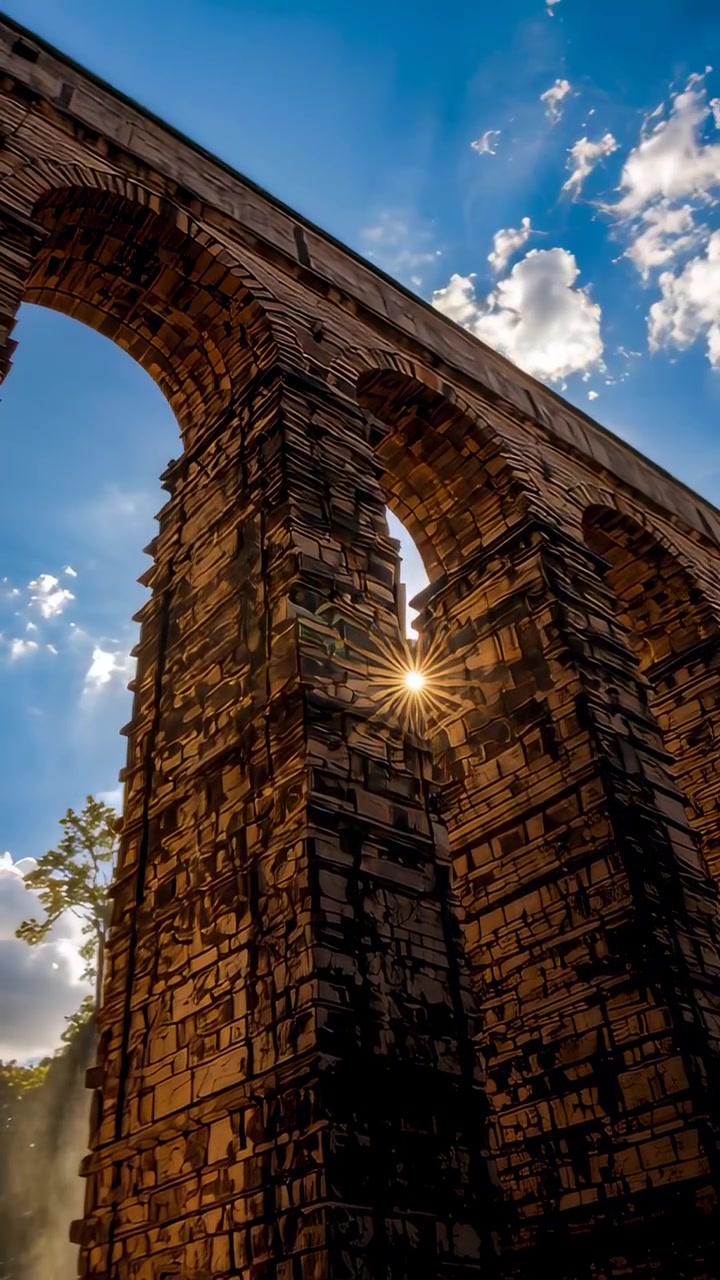 Video verticale: Sole che si sposta attraverso gli archi del viadotto, luce calante che proietta un bagliore a stella