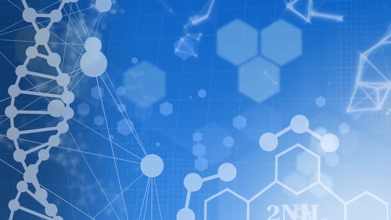 dna鎖,六角形,化学記号のアニメーションが青い背景に描かれています