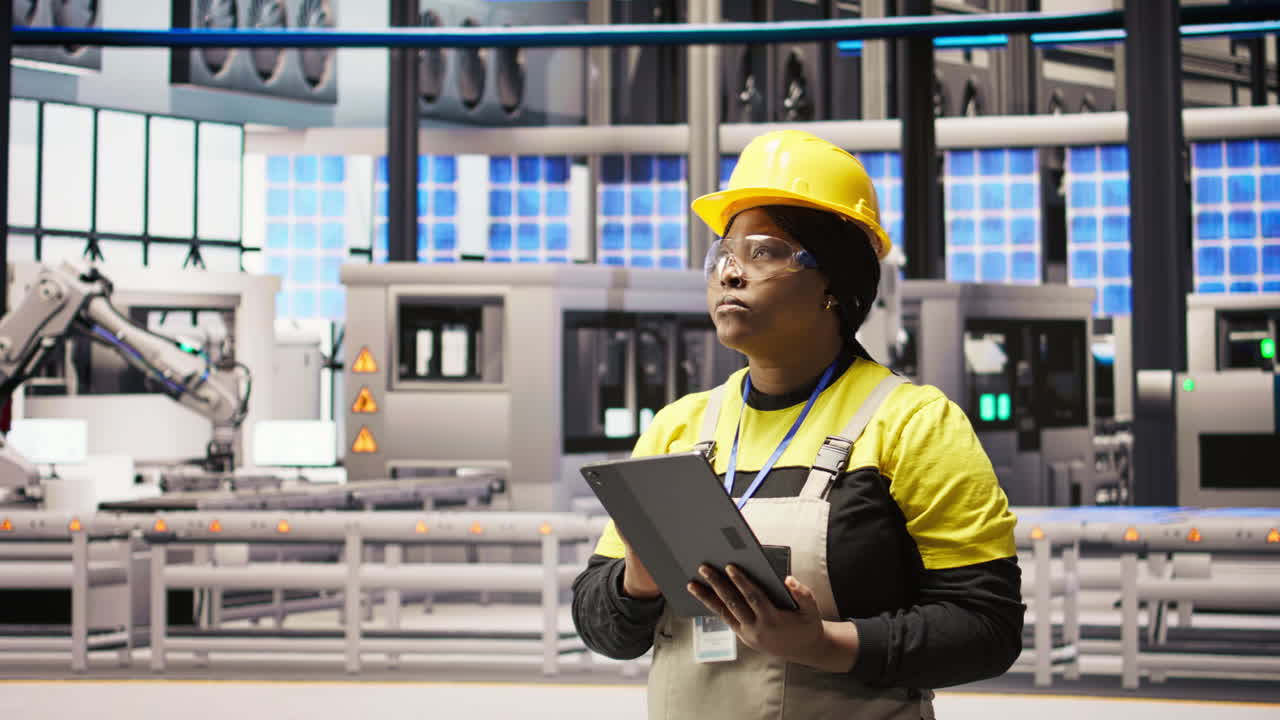 Vertical video Woman working in solar panels plant uses tablet to oversee machinery systems