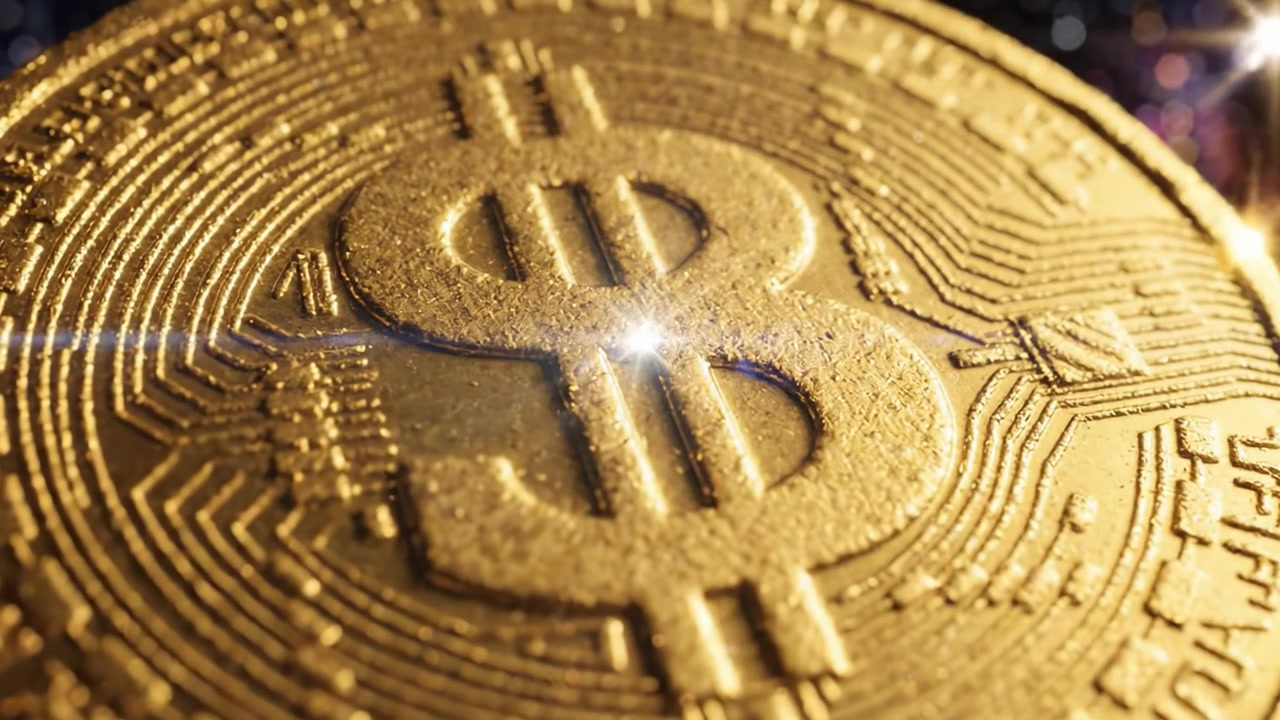 Un viaggio mozzafiato attraverso il cosmo con una moneta di criptovaluta dorata che riflette luce e innovazione tra le stelle e le galassie