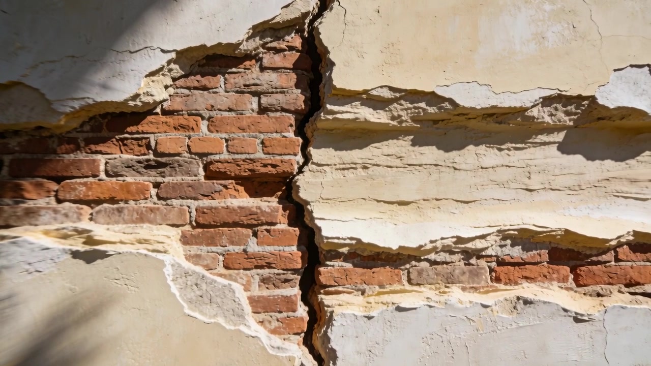 Telecamera che riprende lo spostamento di un'ombra, ispezionando un muro esterno intonacato e crepato che rivela i mattoni.