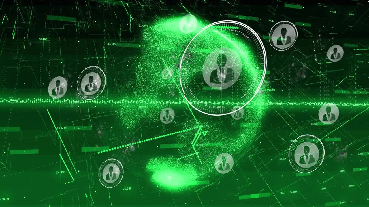 Waveform pulsing, green globe and lead avatar sharpening, orbiting, linking users, showing network