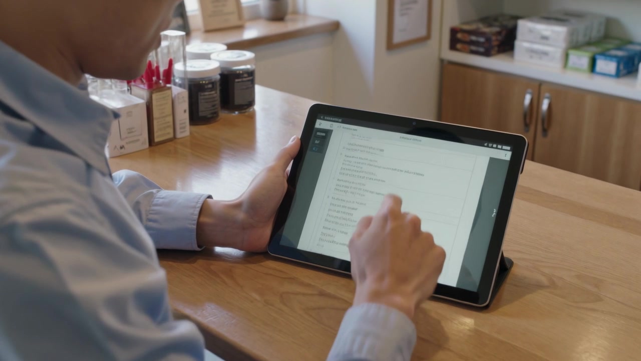Tapping man in blue shirt touching screen after call appearing at counter, reviewing list on tablet