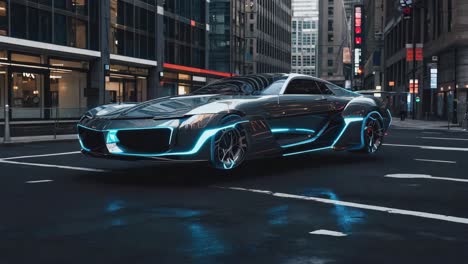 futuristic car with glowing blue lights on a city street at night