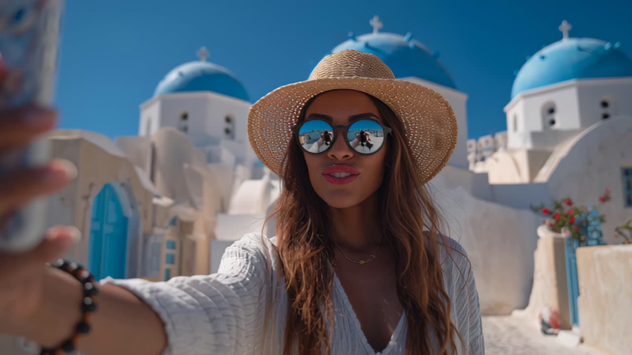 Giovane donna elegante con cappello di paglia e occhiali da sole che si scatta un selfie in un luminoso villaggio mediterraneo con muri imbiancati a calce e chiesa con cupola blu, catturando le vibrazioni spensierate del viaggio estivo