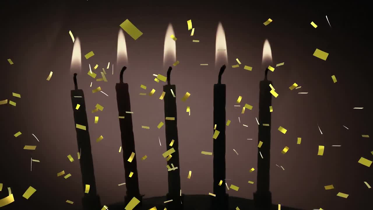 animación de confeti de oro cayendo sobre velas de pastel de cumpleaños encendidas