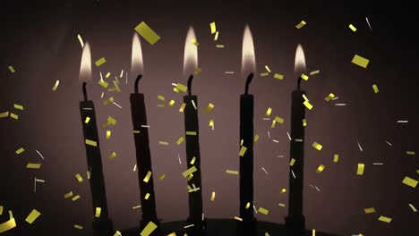 Animation-of-gold-confetti-falling-over-lit-birthday-cake-candles