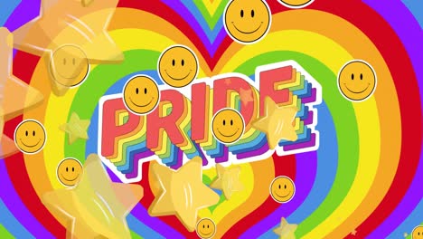 Animation-of-emoticons-and-stars-over-pride-against-multicolored-heart-pattern-in-background