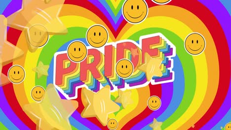 animation of emoticons and stars over pride against multicolored heart pattern in background