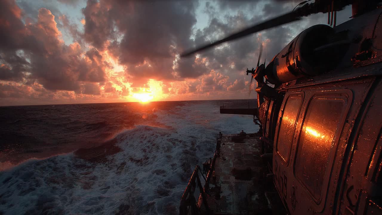 Un tramonto maestoso sull'oceano visto da un elicottero, con incredibili modelli di nuvole che riflettono calde tonalità tra le acque sottostanti.