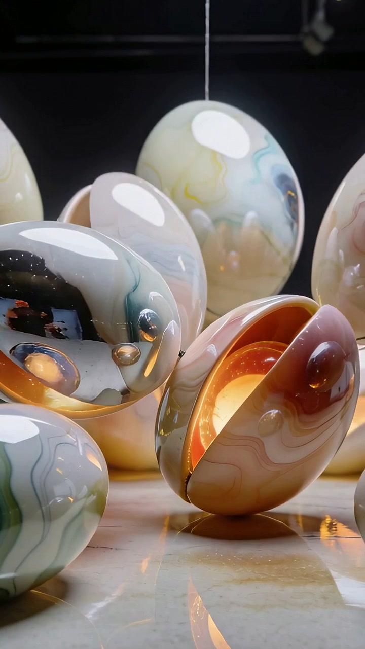 Vertical video: Pulling camera back, split orbs tilting on stone table, showing fuller warm glow