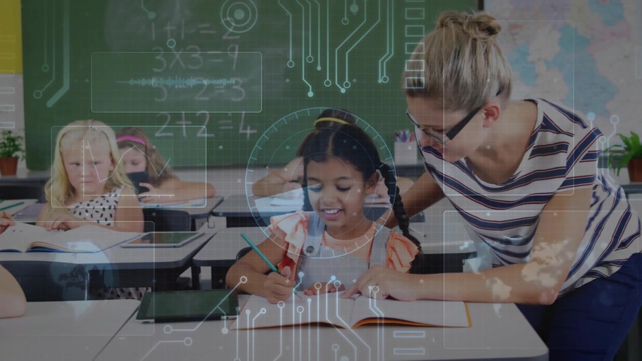 Teacher leaning over pupil and pointing pencil, initiating circuit graphics overlay for math lesson