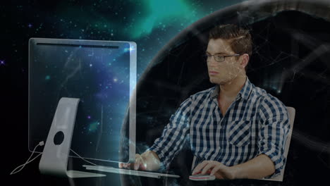 animación del globo sobre el hombre de negocios caucásico usando computadora