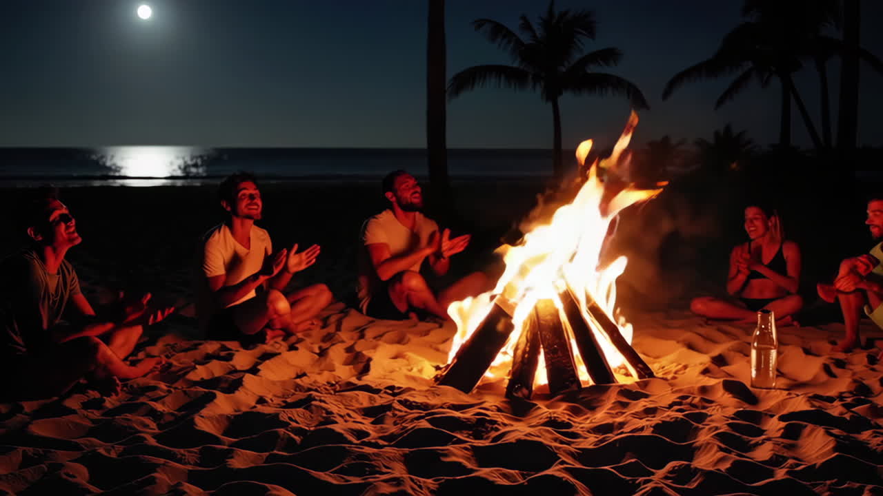밤 에 해변 에서 불 을 피우고 있는 친구 들
