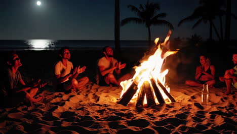amigos disfrutando de una fogata en la playa por la noche
