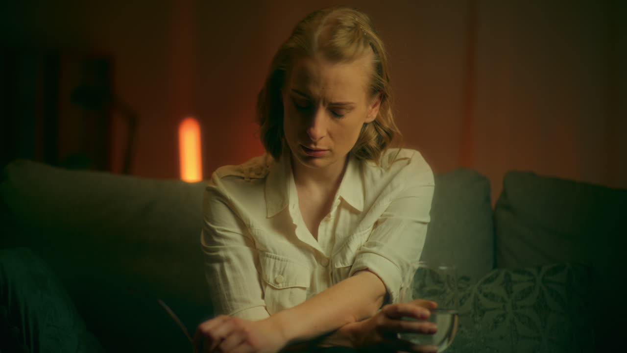 la mujer triste se quita las gafas y se preocupa.