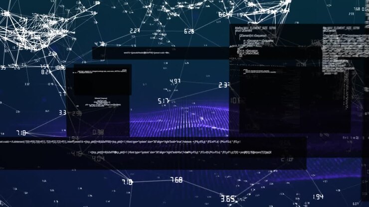 Animation of computer language over connected dots with numbers on abstract background