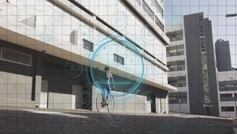 animation of data protection text, shield and fingerprint in circles, woman riding bicycle on street