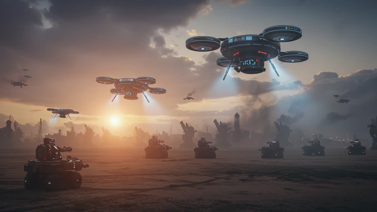 A Futuristic Battlefield: A Stunning Display of Drones and Ground Robots Engaged in an Advanced Military Operation Amidst an Apocalyptic Landscape