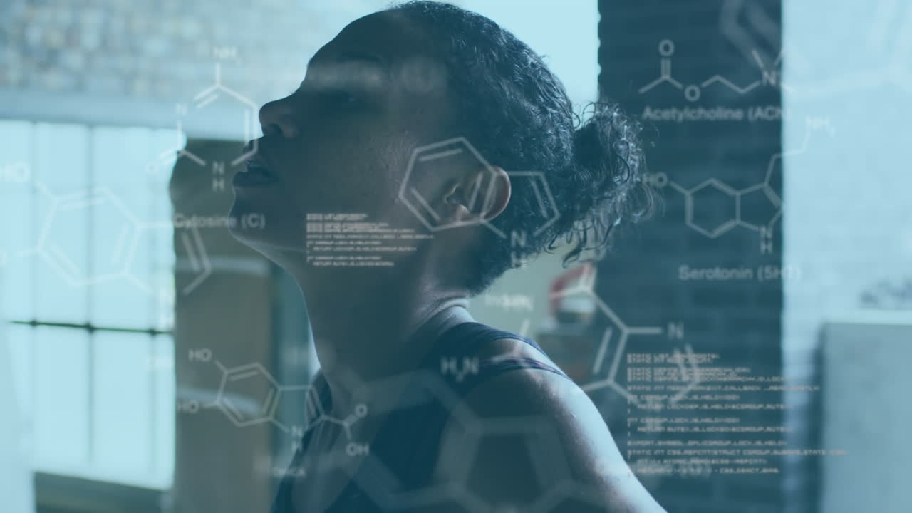 Animation of statistics and graphs over woman exercising in an abandoned building