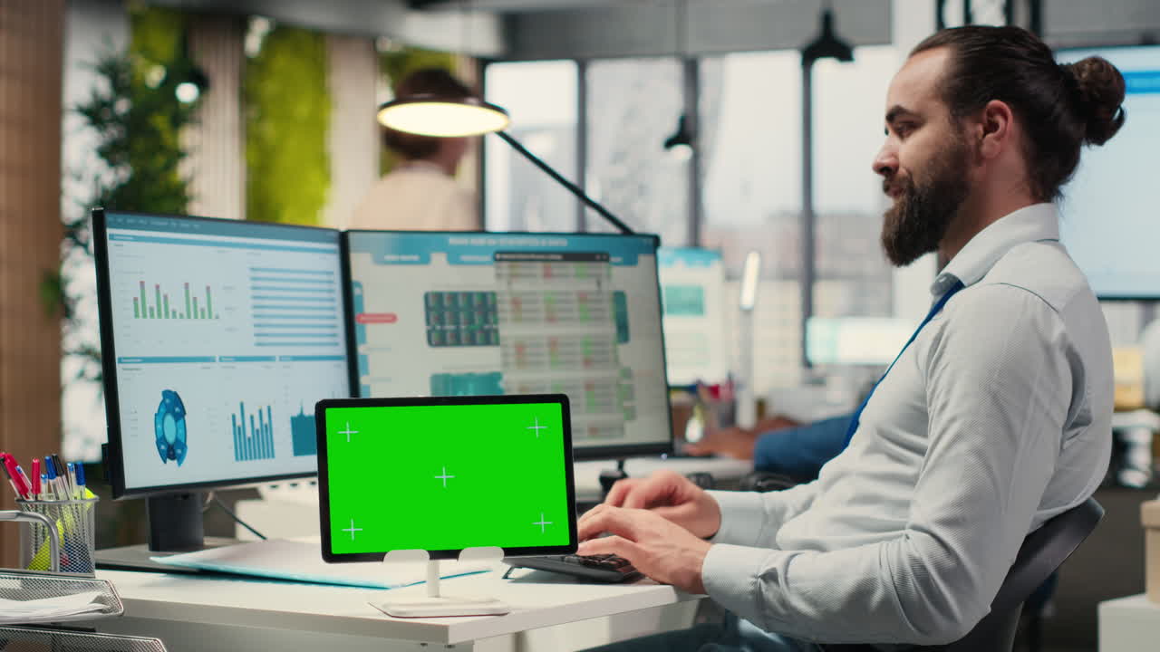 Vertical Video Professional male analyst examining KPI insights with mockup on tablet