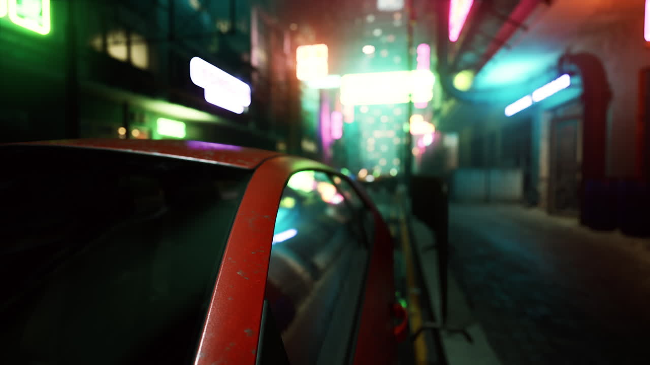 어두운, 안개가 많은 골목길은 밤에 도시에서 네온 불빛이 빨간 차에 반사됩니다.