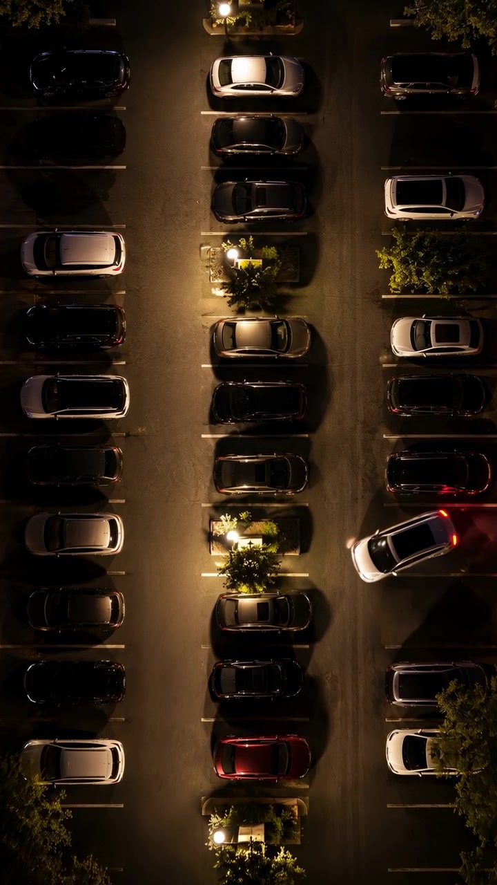 Scena notturna dall'alto di un parcheggio organizzato con berline e SUV parcheggiati in tre file parallele, isole piantumate, piccoli alberi, lampioni rotondi, pavimentazione luminosa, riflessi e un calmo ordine commerciale