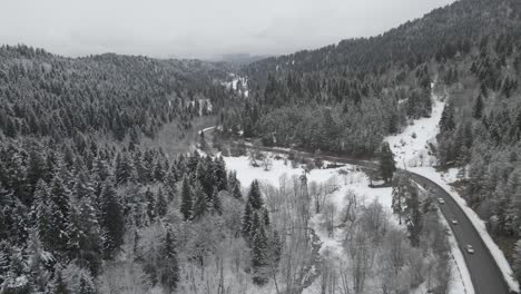 Una-Carretera-Panorámica-Que-Atraviesa-Un-Bosque-Cubierto-De-Nieve,-Con-árboles-Bordeando-El-Camino-En-Un-Tranquilo-Entorno-Invernal