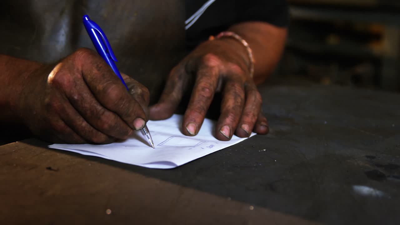 Welder working on blueprint