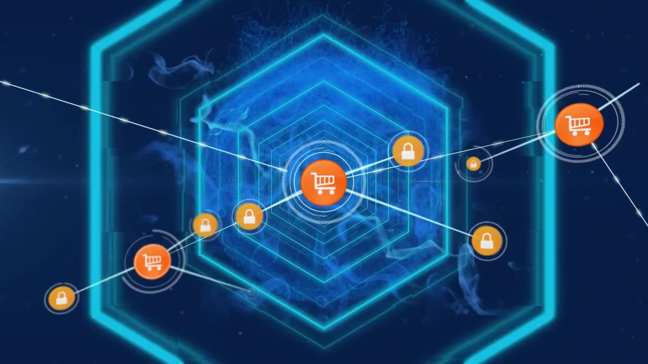 Animazione di una rete di connessioni con icone su esagoni al neon