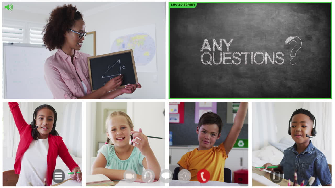 animación de pantallas de videollamadas de pizarra y diversos maestros y niños que tienen lecciones en línea