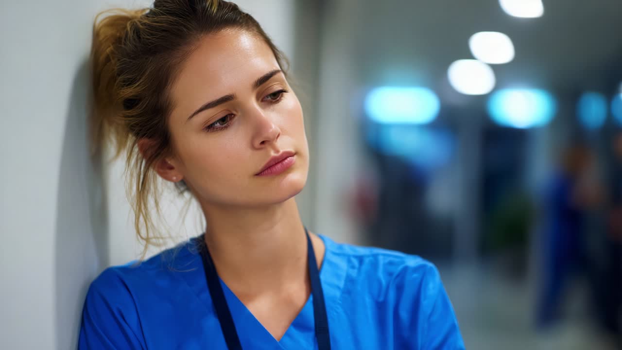 A thoughtful healthcare professional dressed in scrubs reflects on her day in a busy medical environment, capturing a moment of introspection amidst the fast-paced world of patient care
