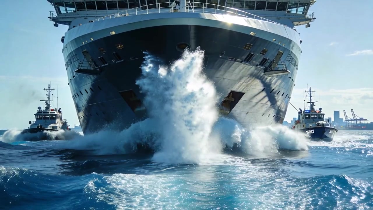 Engines powering, plunging bow of cruise ship creating spray near harbor, with two tugs