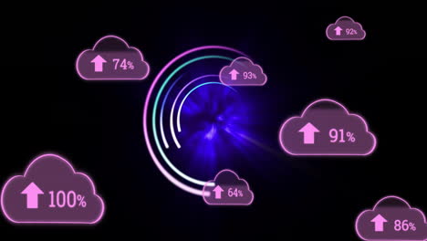 Animation-Der-Prozentwerte-Der-Cloud-Speichernutzung-über-Einem-Leuchtend-Blauen-Wirbel-Hintergrund