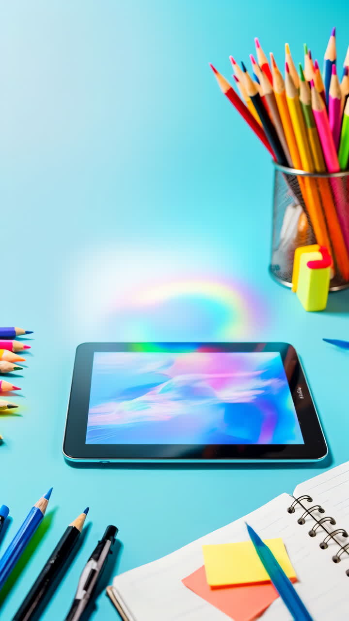 Digital Learning and Art Supplies on a Blue Background