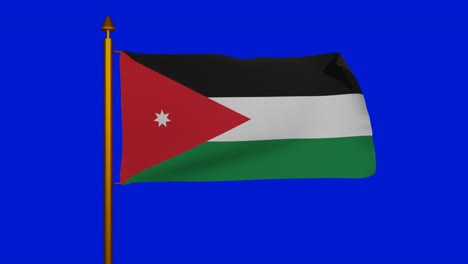 national flag of jordan waving 3d render with flagpole on chroma key, kingdom jordan flag textile used pan-arab colors, similar flag of the arab revolt