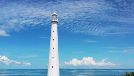 aerial camera panning up at white lighthouse in belitung indonesia with beautiful tropical blue water